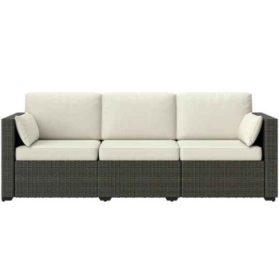 Topcobe 3-Seater Rattan Outdoor Couch Set, Deep Seating Balcony Sofa with Detachable Pillows, White Cream Garden Furniture for Deck, Patio, Poolside, and Yard