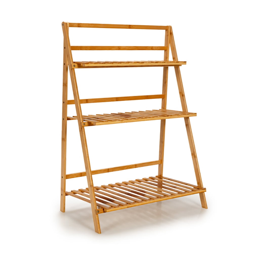 Topcobe 3-Tier Bamboo Foldable Plant Stand with Display Shelf Rack, Tall Plant Stand Indoor Outdoor, Stable and Space-Saving, Natural
