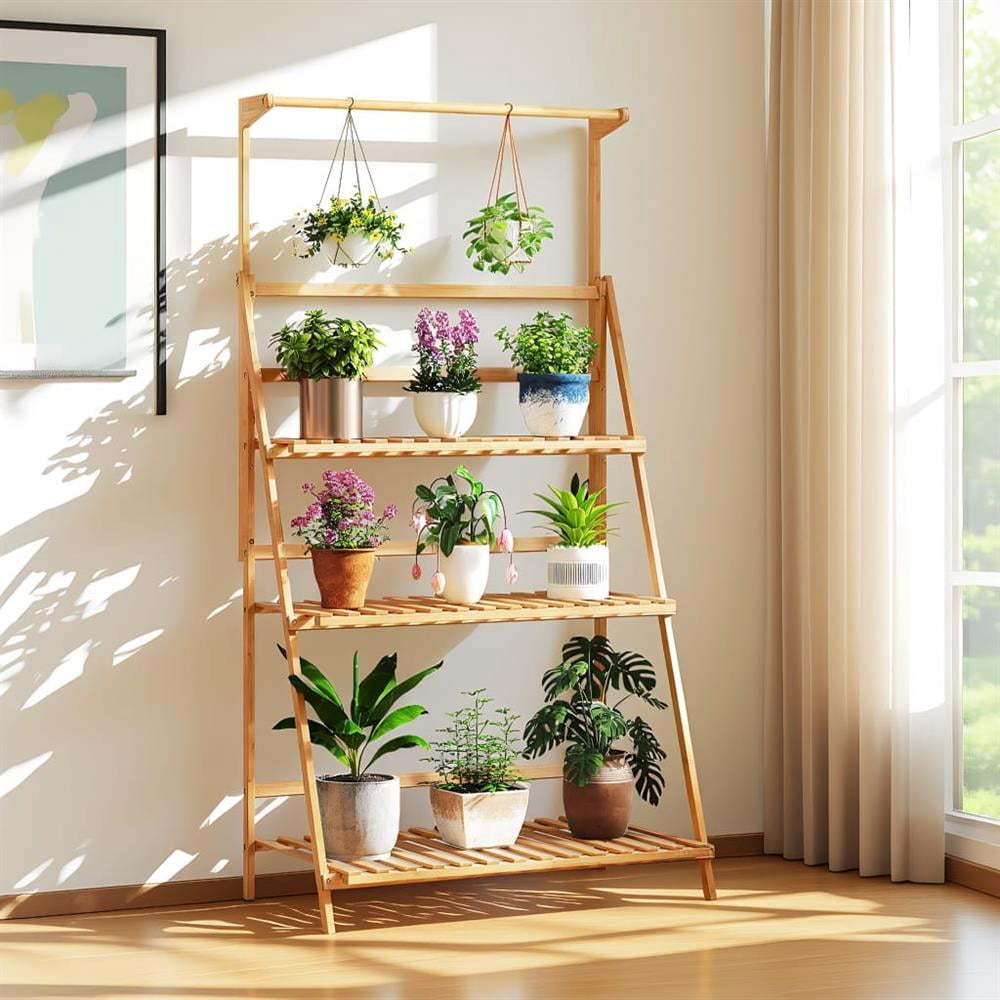 Topcobe 3 Tier Bamboo Hanging Plant Stand with Height Adjustable Hanger  Rod, Indoor Outdoor Ladder Plant Holder for Garden-Natural