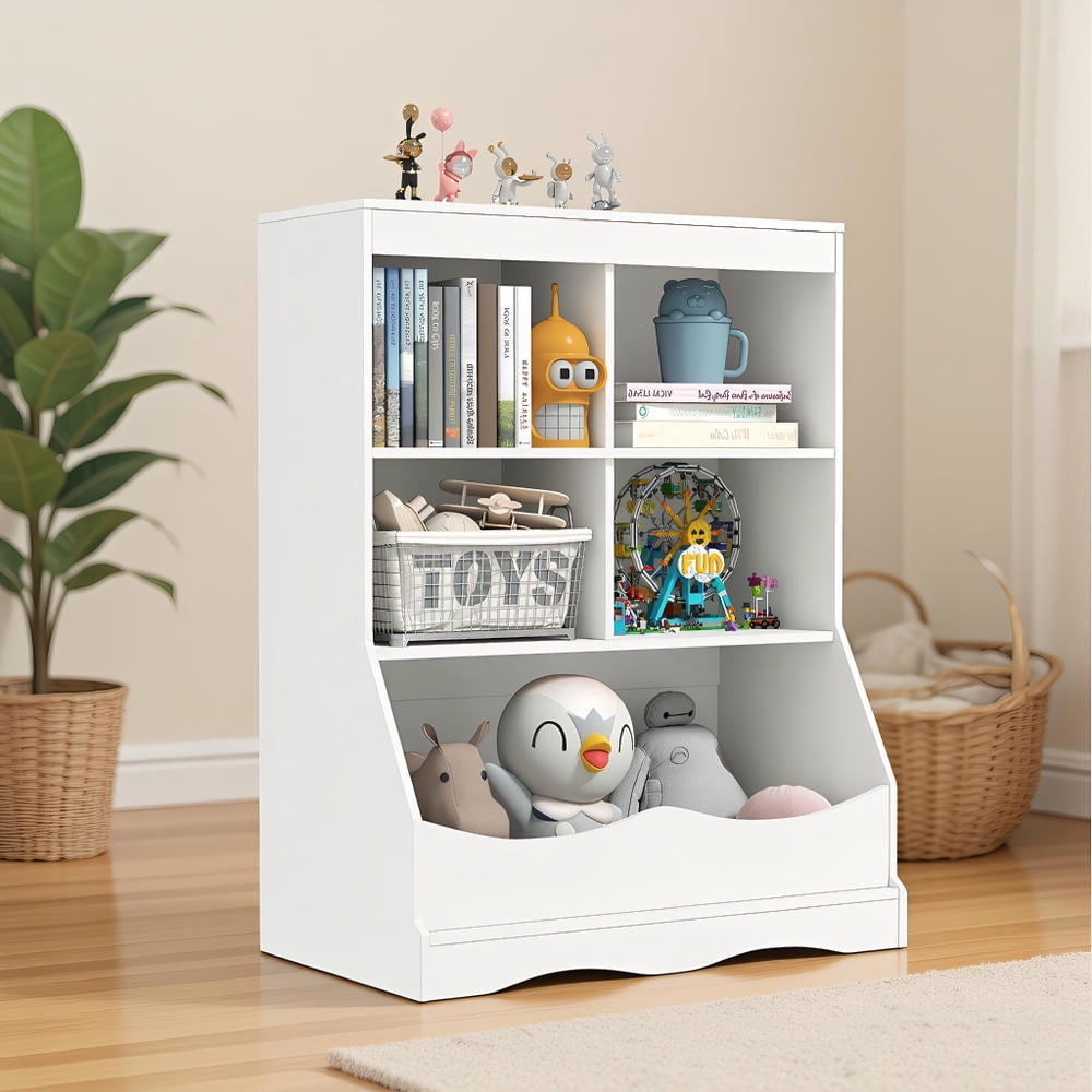 Topcobe 3-Tier Children's Multi-Functional Bookcase Toy Storage Bin Floor Cabinet, Kids Toy Storage Organizer-White