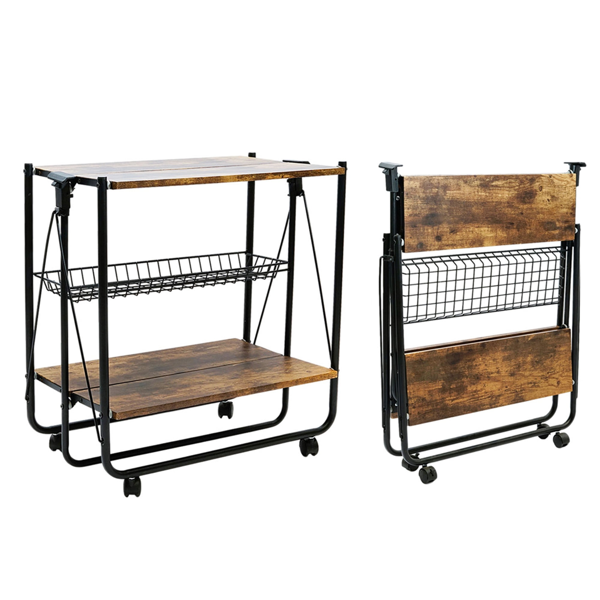 Topcobe 3 Tier Collapsible Rolling Cart, Metal Mesh Tier Clutter Cart with Wheels, 3 Tier Storage Space 4 Wheeled Organizational Cart, Collapsible Kitchen Cart for Bathroom Party Kitchen, Brown