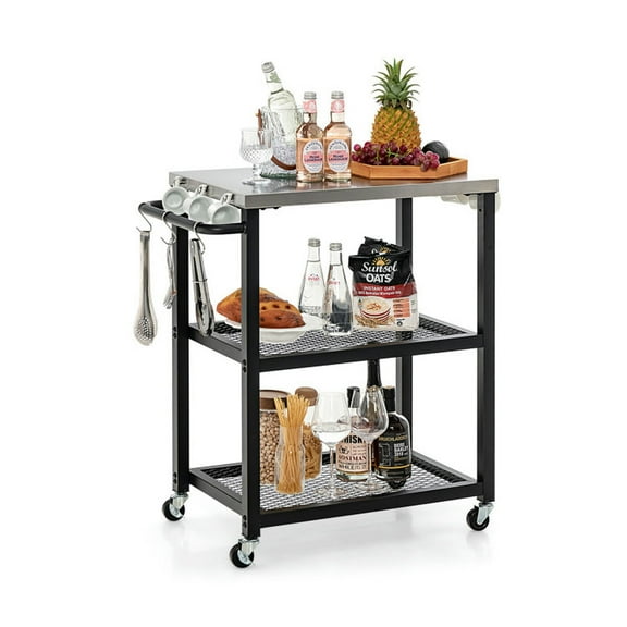 Topcobe 3-Tier Foldable Outdoor Stainless Steel Food Prepare Dining Cart Table on Wheels, Cooking Space for Backyard, Patio and Parties-Black