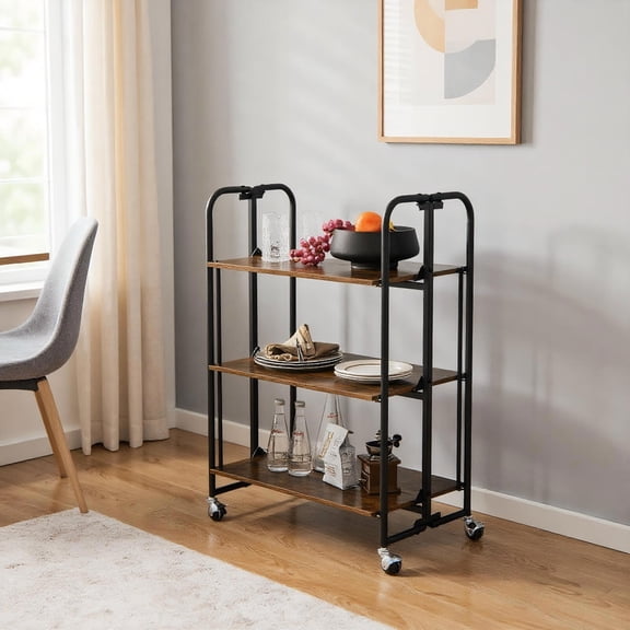 Topcobe 3-Tier Foldable Rolling Cart with Storage Shelves for Kitchen, Portable Kitchen Carts on Wheels, Brown