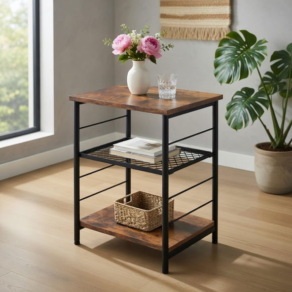 Topcobe 3-Tier Industrial Side Table with Adjustable Mesh Shelf, Small Sofa Table for Small Spaces, Living Room Furniture