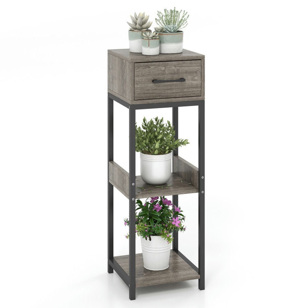 Topcobe 3 Tier Tall Plant Stand with Drawer Anti-tipping Devices, Modern Furniture for Living Room, Bedroom, Office-Gray