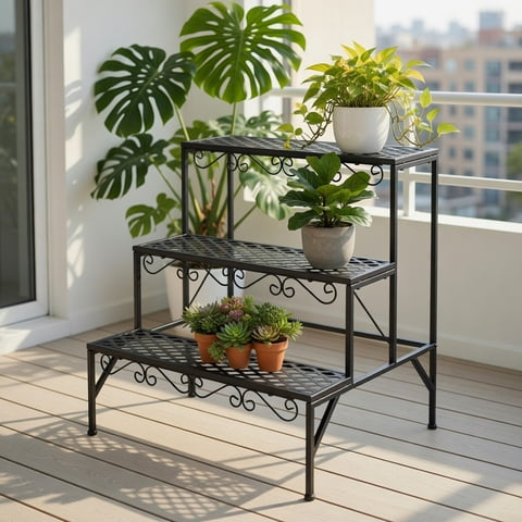 Topcobe 3 Tiers Metal Decorative Plant Stand, Multi Tier Plant Stand Indoor, Stable and Space-Saving, Black