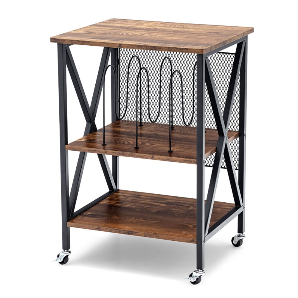 Brown Engineered Wood and Steel Rolling End Table with Dividers