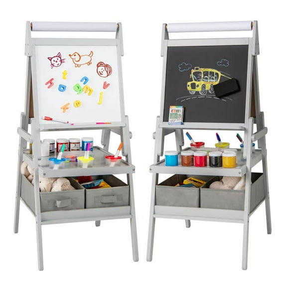 Topcobe 3-in-1 Art Easel for Kids with Magnetic Chalkboard and Whiteboard, Kid's Toys for Indoor Outdoor, Ideal Gift for Toddlers-Gray