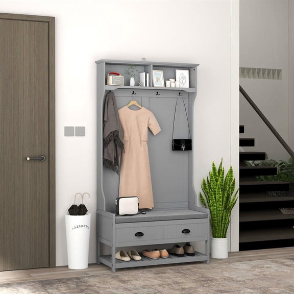 Topcobe 3-in-1 Hall Tree, Entryway Bench with Coat Rack, Mudroom Bench with Shoe Rack, 2 Storage Drawers, 4 Hooks and Padded Seat Cushions for Hallway, Modern Furniture for Home, Apartment, Gray