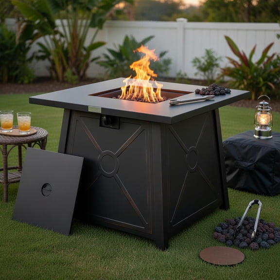 Topcobe 30" Square Propane Gas Fire Table with Waterproof Cover, Outdoor Fire Pit Table, Backyard Furniture