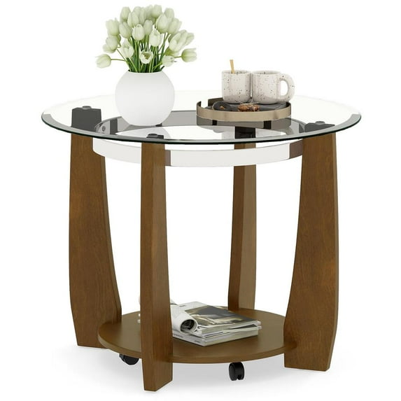Topcobe 32" 2-Tier Glass Round Coffee Table with Shelf, Center Table for Living Room, Modern Furniture for Home-Walnut