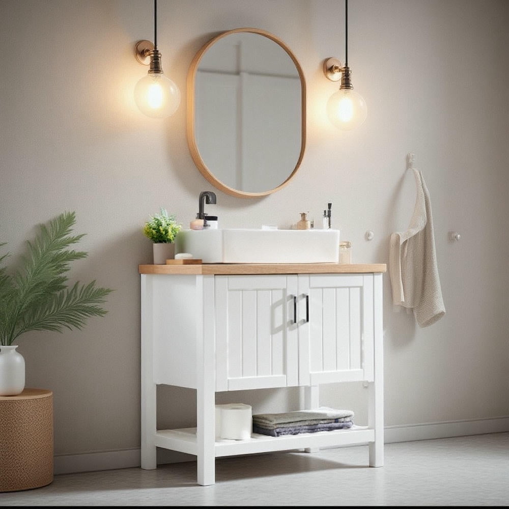 Topcobe 32" Bathroom Vanity with Sink, Single Bathroom Vanities Cabinet with Doors and Open Shelf, Solid Wood Small Vanity with Sink Set, Bathroom Sink Vanity, Modern Furniture for Bathroom