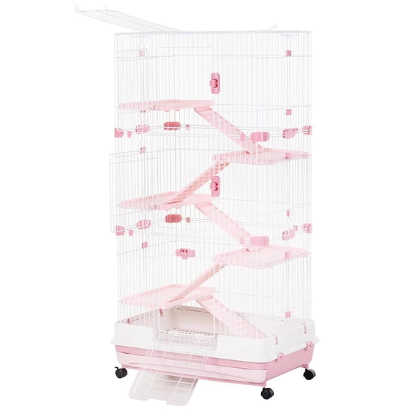 Topcobe 32"L 6-Level Small Animal Cage Rabbit Hutch with Universal Lockable Wheels, Slide-out Tray for Bunny, Chinchillas, Ferret, Indoor Outdoor Pet Shelter, Small Animal Habitat, Pink