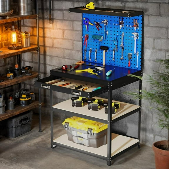 Topcobe 32 x 16 Inch Workbench Work Table with 2 PCs Pegboard Drawer and Shelves, Modern Furniture for Indoor-Navy