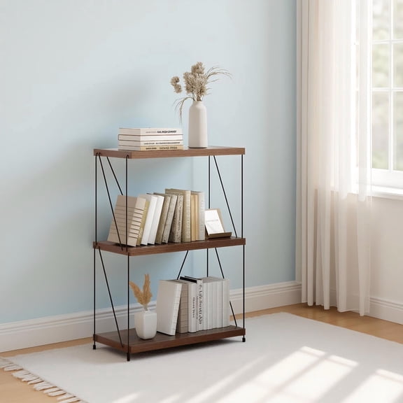 Topcobe 34" 3-Tier Multipurpose Display Rack with Metal Frame, Corner Bookshelf Modern Book Case for Books, CDs, Movies, Brown