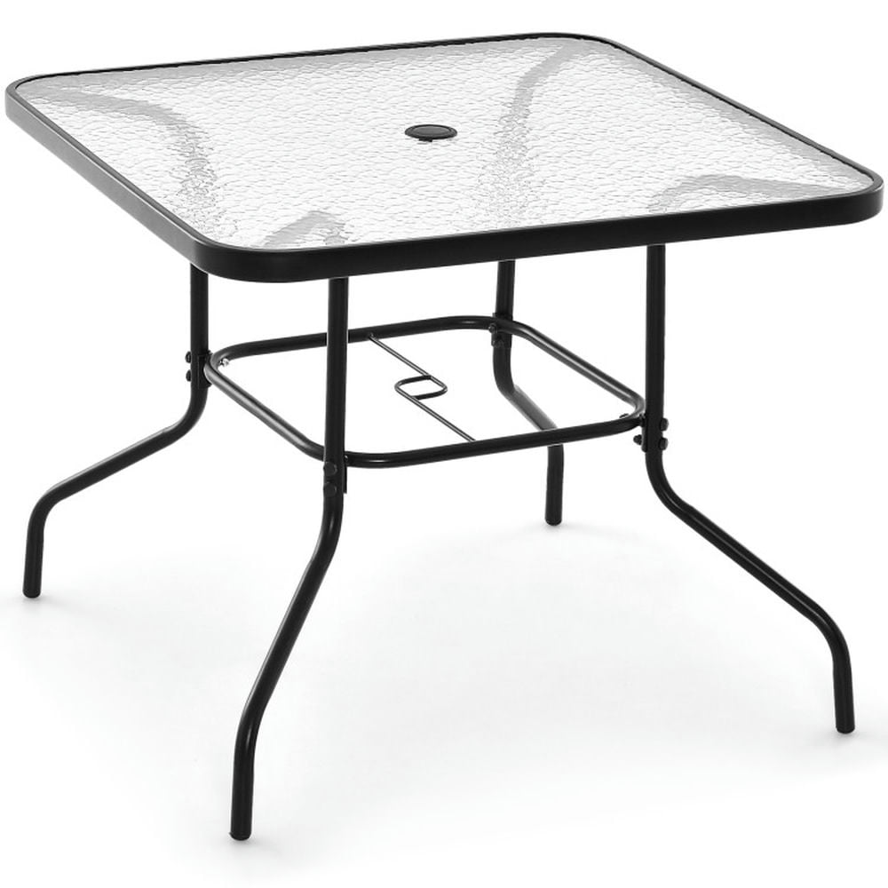 Topcobe 34 Inch Outdoor Dining Table Square Tempered Glass Table with 1.5 Inch Umbrella Hole, Outdoor Patio Furniture-Black