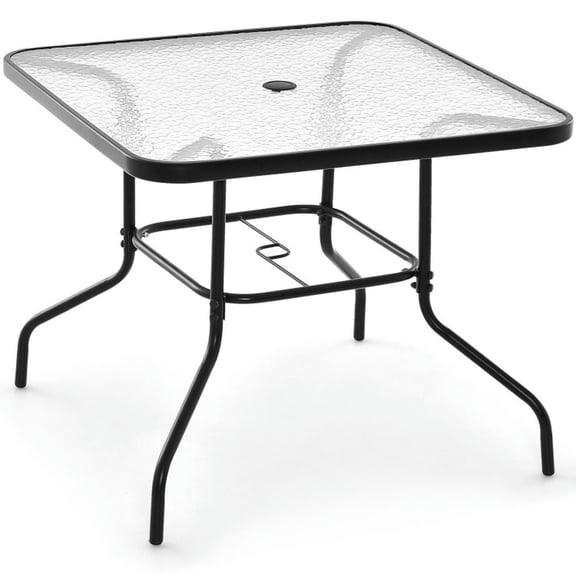 Topcobe 34 Inch Outdoor Dining Table Square Tempered Glass Table with 1.5 Inch Umbrella Hole, Outdoor Patio Furniture-Black