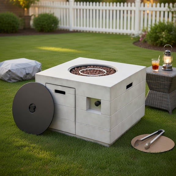 Topcobe 34" Square Concrete Propane Fire Pit Table with Lava Rocks and Cover 50 000 BTU for Camping, Fire Pits & Outdoor Fireplaces, Backyard Furniture, Gray