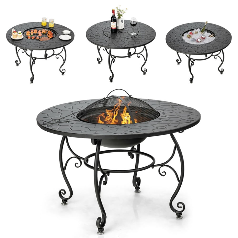 Black Steel Round Fire Pit Table with Cooking Grate