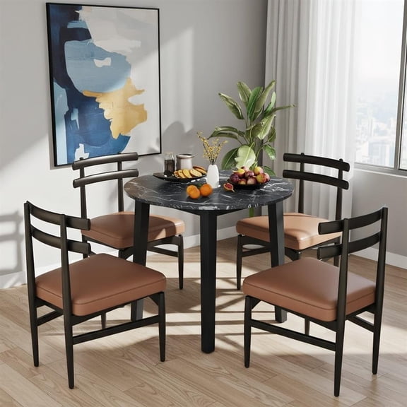 Topcobe 35 Inch Round Dining Table with Rubber Wood Legs and Marble-textured Veneer Tabletop, Modern Furniture for Indoor, Table for Living Room-Black