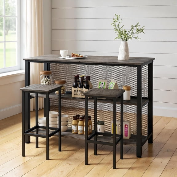 Topcobe 36" 3-Tier Bar Table with Storage Metal Frame Adjustable Foot Pads for Dining Room, Pub Table, Easy Assembly, Fashion Design, Gray