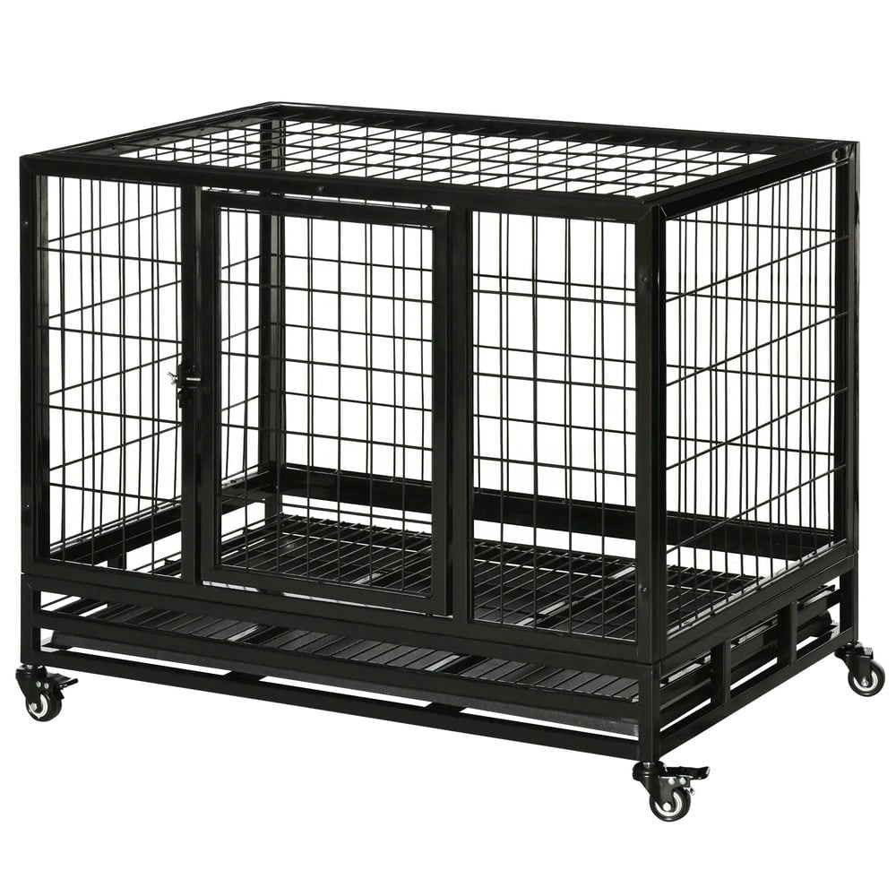Topcobe 36" Heavy Duty Dog Crate with Removable Tray, Lockable Wheels and Double Door, for Medium and Large Dogs, Indoor Outdoor Pet Shelter, Small Animal Habitat, Black