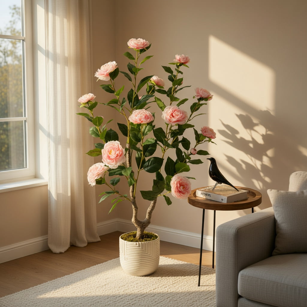 Topcobe 36 Inch Artificial Camellia Tree with Blooming Flower, Artificial Trees for Home Decor Indoor Outdoor, 1 Pack - Pink