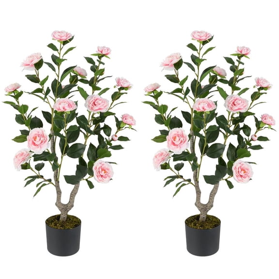 Topcobe 36 Inch Artificial Camellia Tree with Blooming Flower, Artificial Trees for Home Decor Indoor Outdoor, 2 Pack - Pink
