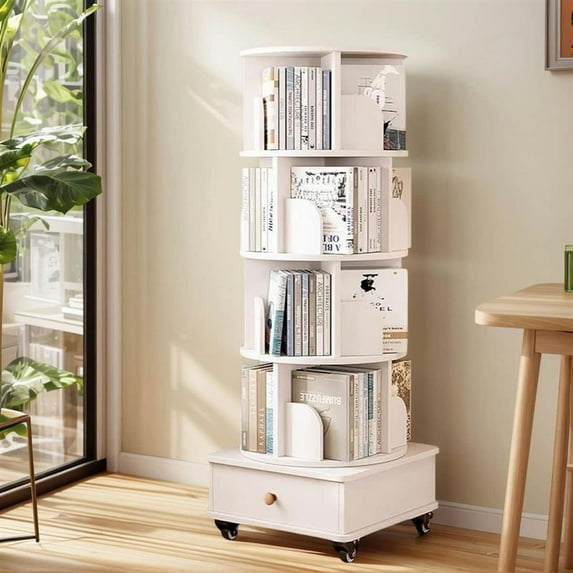 Topcobe 360-Degree Rotating Bookcase, 5-Tier Corner Storage Rack, Space-Saving Wooden Bookshelf, Perfect for Bedroom & Living Room Organization (White)