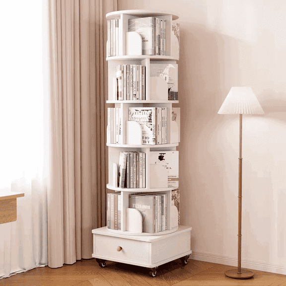 Topcobe 360-Degree Rotating Bookcase, 6-Tier Corner Shelf, Space-Saving Floor Standing Rack, Wooden Narrow Book Storage Organizer, Ideal for Bedroom & Living Room (White)