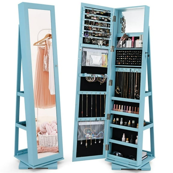 Topcobe 360° Rotatable 2-in-1 Lockable Jewelry Cabinet with Full-Length Mirror, Indoor Furniture, Modern Jewelry Cabinet for Bedroom Living Room-Blue