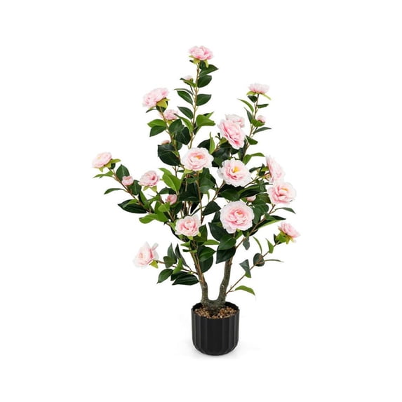 Topcobe 38 Inch Artificial Camellia Tree Faux Flower Plant in Cement Pot Pink, Artificial Trees for Home Decor Indoor Outdoor
