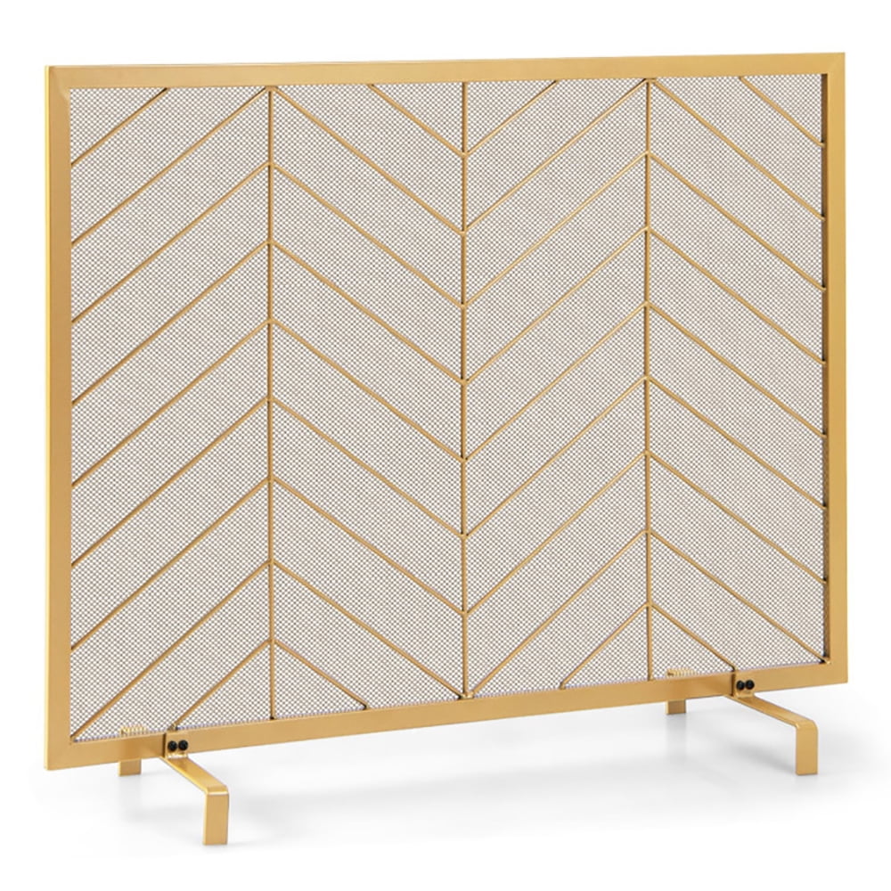 Gold Mesh Single Panel Fireplace Screen with Chevron Design
