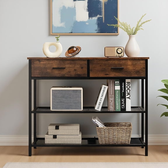 Topcobe 39.5" Entryway Table with 2 Drawers and 2-Tier Shelves, Sofa Side Table for Living Room, Front Hall, Hallway and Foyer, Brown