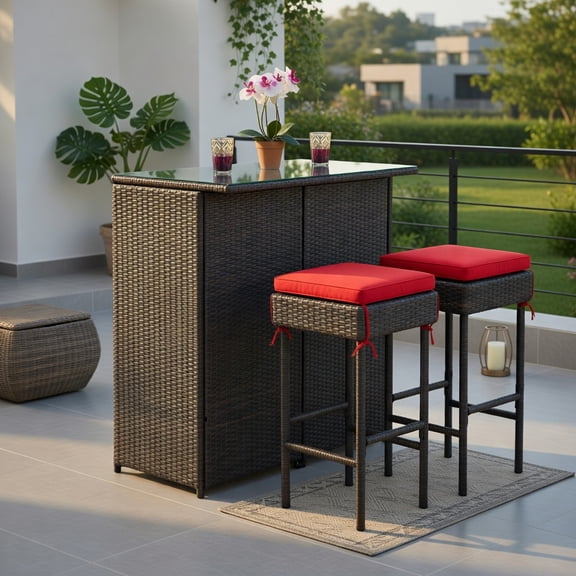 Topcobe 3PCS Patio Rattan Wicker Bar Table Stools Dining Set, Outdoor Deck Furniture, Red