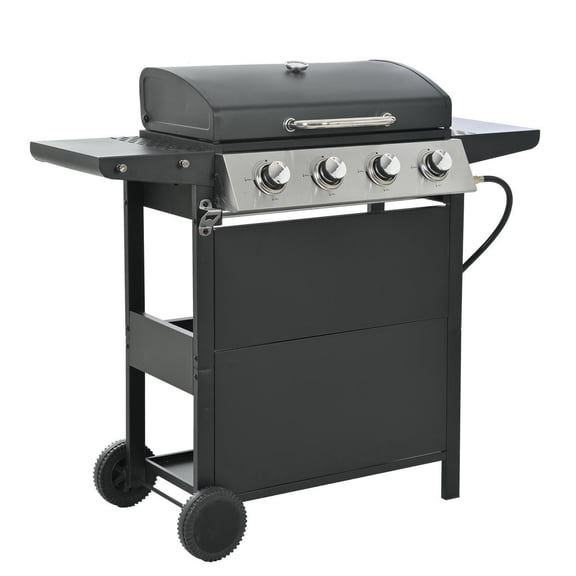 Topcobe 4-Burner Stainless Steel Propane Gas Grill with 34,000 BTU, Patio Garden BBQ with Lid, Wheels, Two Shelves & Bottle Opener