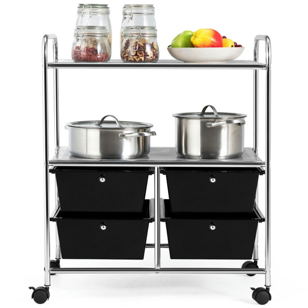 Topcobe 4 Drawers Shelves Rolling Storage Cart Rack, Rolling Carts with Wheels for Kitchen, Living Room, Black