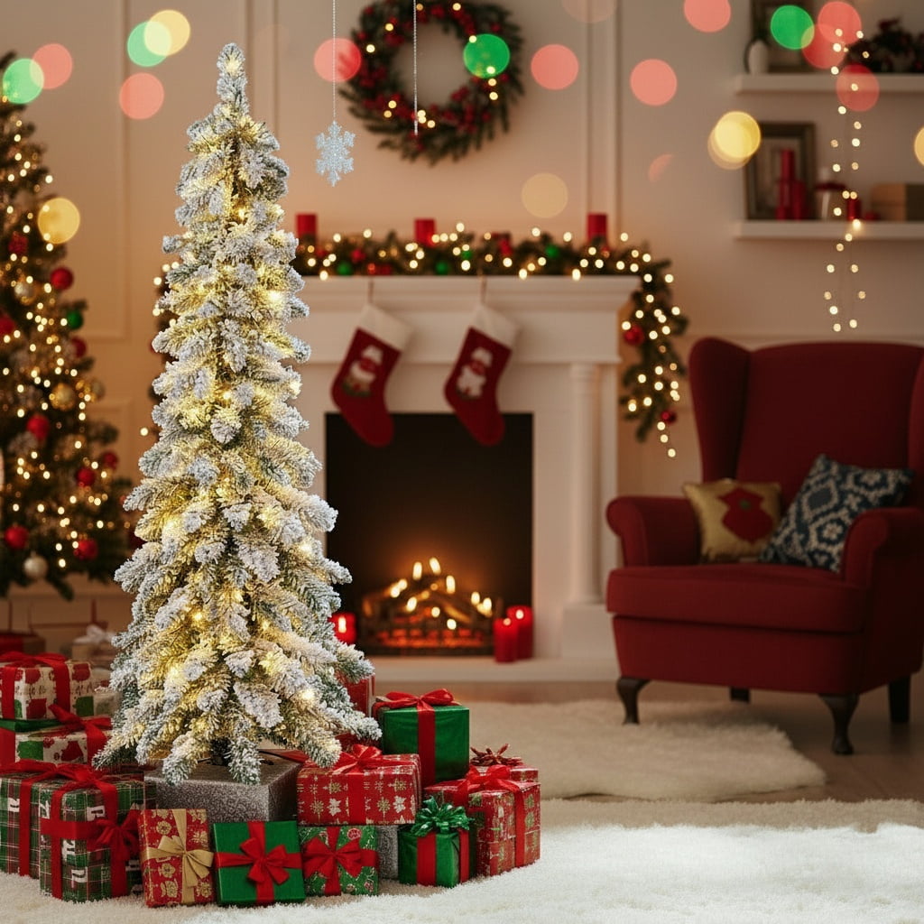 Topcobe 4 Feet Pre-Lit Artificial Christmas Tree Snow-Flocked Slim Pencil Xmas Decor, Decor for Christmas Party