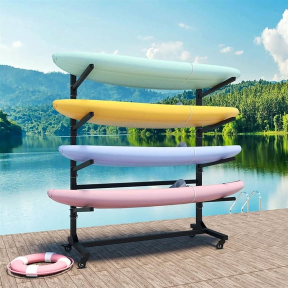 Topcobe 4-Kayak Storage Rack, Heavy Duty Kayak Stand with Locking Casters, Universal Fit for Canoes, SUPs, and Surfboards, Space-Saving Design, 45.87"W x 28.94"D x 80"H