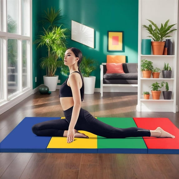 Topcobe 4-Panel PU Leather Folding Exercise Mat with Carrying Handles, Easy to Clean Gym Mat, Gymnastics Equipment for Activity Play, Multicolor