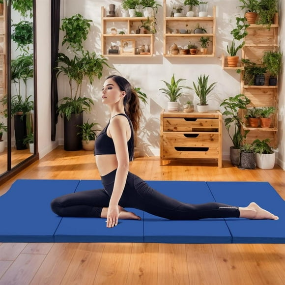 Topcobe 4-Panel PU Leather Folding Exercise Mat with Carrying Handles, Easy to Clean Gym Mat, Gymnastics Equipment for Activity Play, Navy