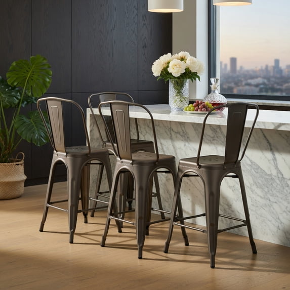 Topcobe 4 Pcs Modern Bar Stools with Removable Back and Rubber Feet, Living Room Chairs for Home Kitchen, Gun