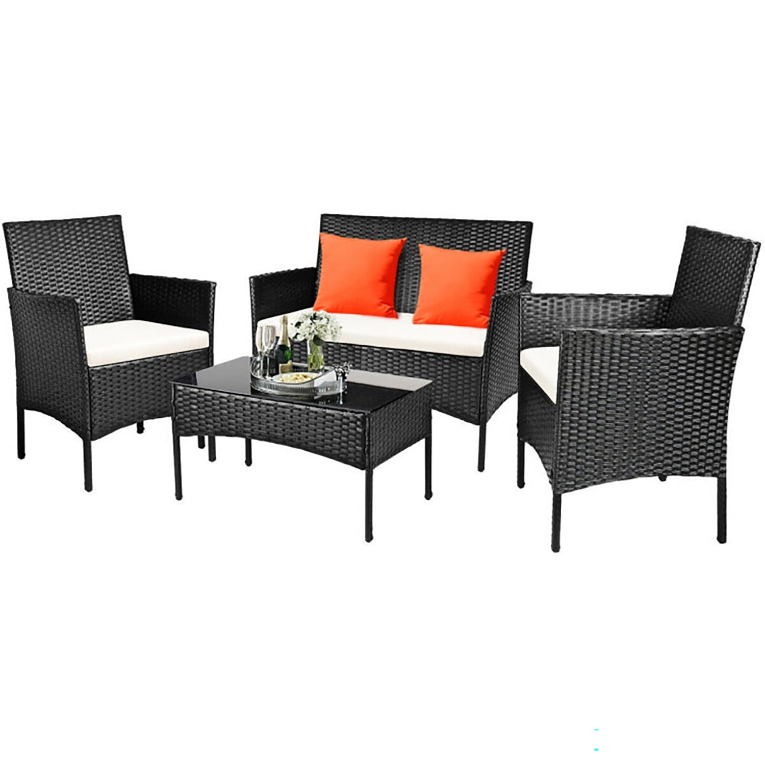 Topcobe 4 Pcs Patio Wicker Furniture Set, Cushioned Sofa Furniture, Small Patio Set, White Topcobe 4 Pcs Patio Wicker Furniture Set, Cushioned Sofa Furniture, Small Patio Set, White