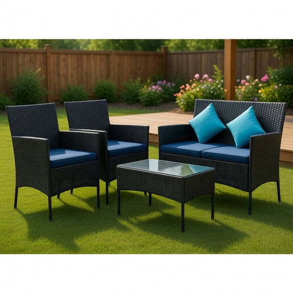 Topcobe 4 Pcs Patio Wicker Furniture Set, Cushioned Sofa Furniture with Tempered Glass Coffee Table, Small Patio Set, Navy