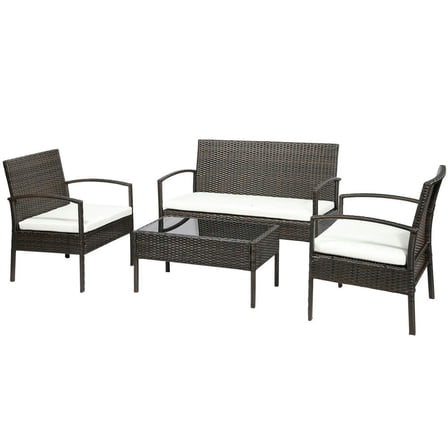 Topcobe 4-Piece PE Wicker Outdoor Living Room Set, All-Weather Loveseat Sofa with Cushions, Glass Top Table, Perfect for Patio, Deck, Garden, Comfortable Relaxation, Brown