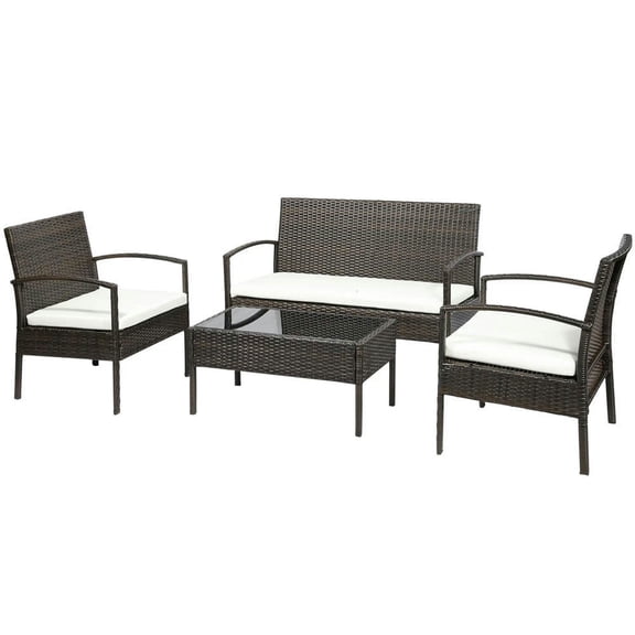 Topcobe 4-Piece PE Wicker Outdoor Living Room Set, All-Weather Loveseat Sofa with Cushions, Glass Top Table, Perfect for Patio, Deck, Garden, Comfortable Relaxation, Brown