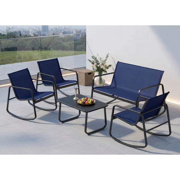 Topcobe 4 Piece Patio Rocking Set with Glass-Top Table, Outdoor Patio Furniture for Garden Backyard Pool Deck-Navy