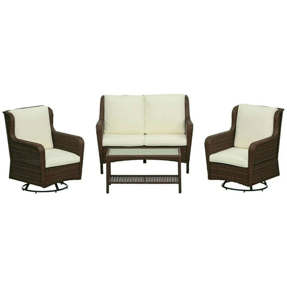 Topcobe 4-Piece Rattan Outdoor Furniture Set, All-Weather Conversation Set with Swivel Rocking Chairs, Table, Loveseat, Perfect for Garden, Patio, Cream, Comfortable Relaxing Home Decor