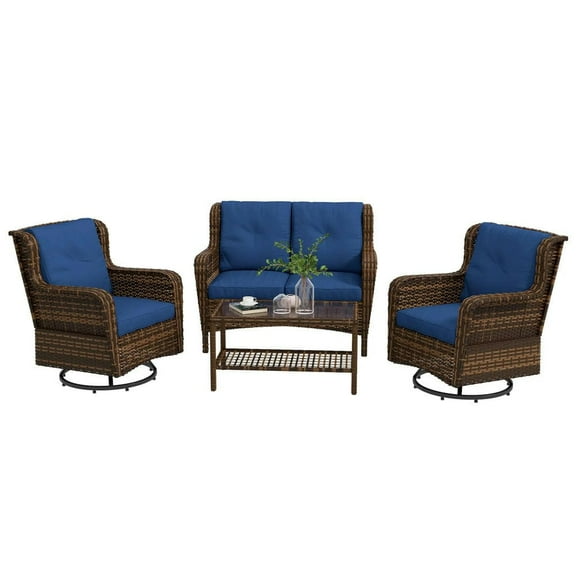 Topcobe 4 Piece Rattan Patio Furniture Set, Conversation Set with Swivel Rocking Chairs Table Loveseat, Patio Furniture for Outdoor Poolside, Deck, Backyard, Garden, Patio, Blue