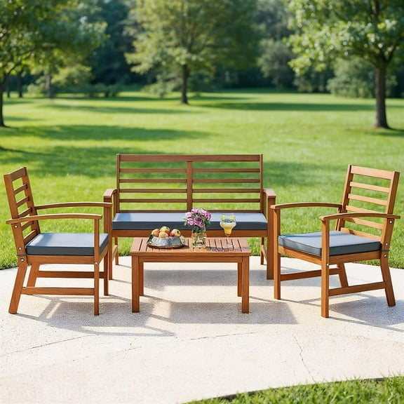 Topcobe 4 Pieces Outdoor Furniture Set with Stable Acacia Wood Frame, Patio Furniture Sets, Gray